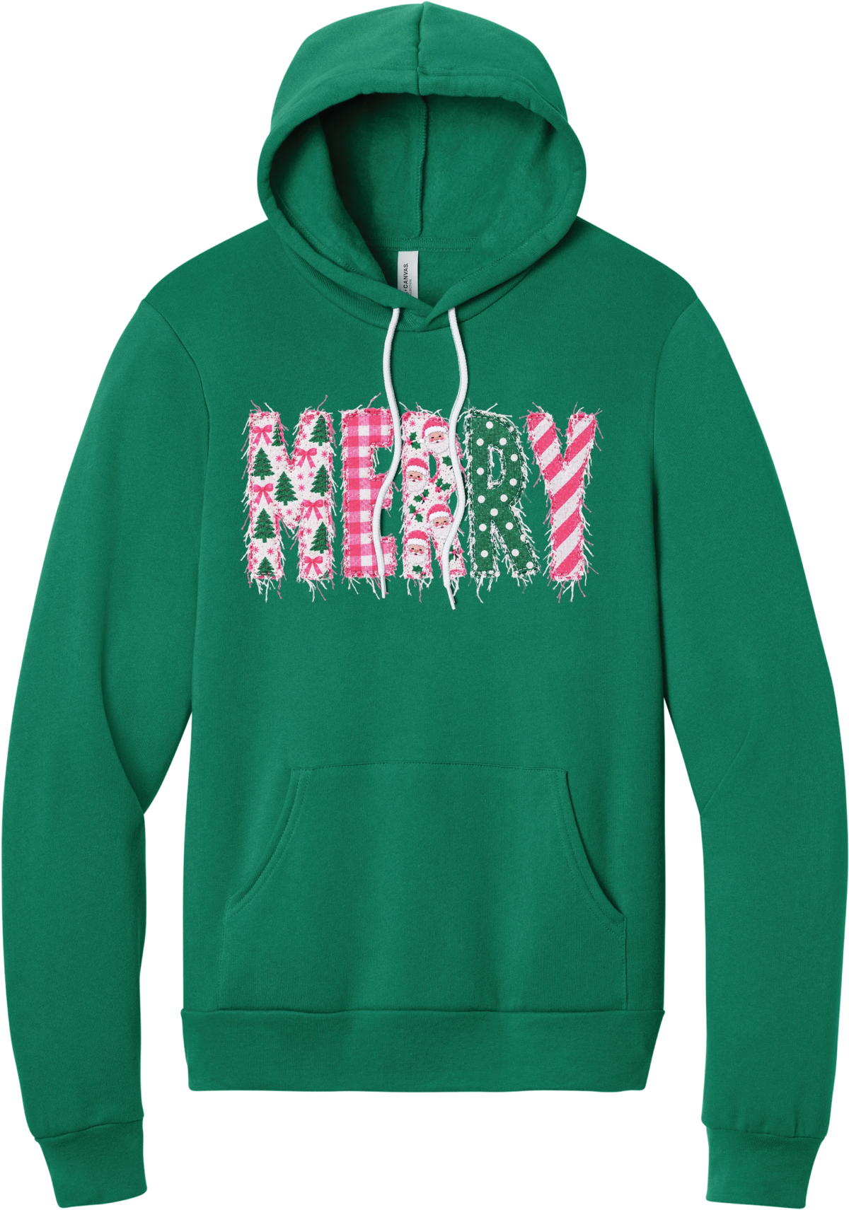 Merry Preppy Applique hoodie in Kelly Green, featuring faux applique MERRY letters in pink and green patchwork patterns with trees, gingham, Santas, polka dots, and candy cane stripes