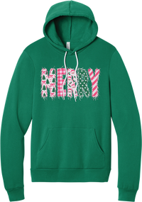 Merry Preppy Applique hoodie in Kelly Green, featuring faux applique MERRY letters in pink and green patchwork patterns with trees, gingham, Santas, polka dots, and candy cane stripes