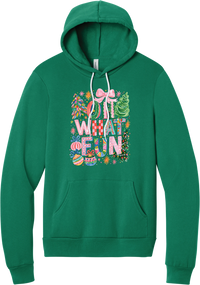 Oh What Fun hoodie in Kelly Green, featuring hand-painted Oh What Fun letters with pink bows, whimsical Christmas trees, and ornaments