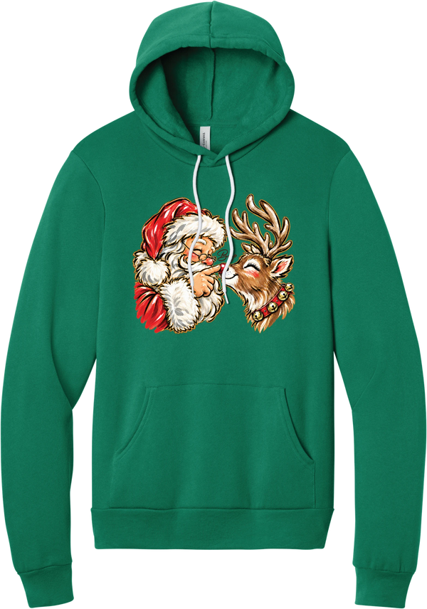 Santa and Rudolph Boop hoodie in Kelly Green, featuring a hand-painted vintage Santa booping a smiling reindeer on its red nose