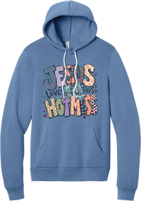 Jesus Loves This Hot Mess hoodie in Lavender Blue, featuring patchwork Jesus Loves This Hot Mess lettering in leopard, plaid, polka dot, and zebra prints with a bow and hearts