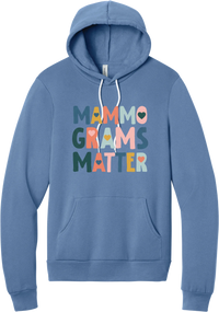 Mammograms Matter hoodie in Lavender Blue, featuring colorful block letters reading Mammograms Matter with small hearts inside the letters
