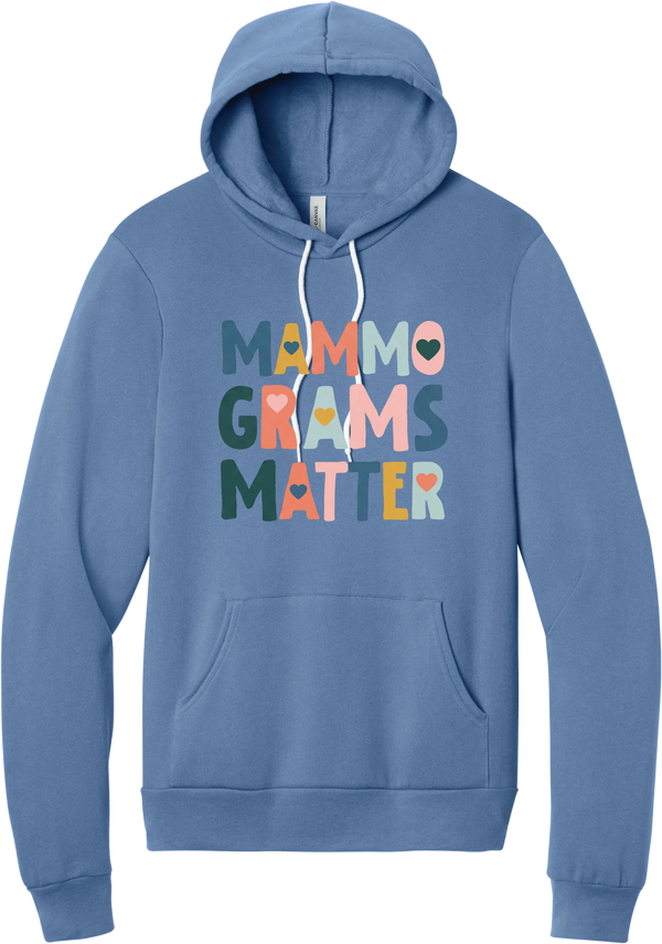 Mammograms Matter hoodie in Lavender Blue, featuring colorful block letters reading Mammograms Matter with small hearts inside the letters