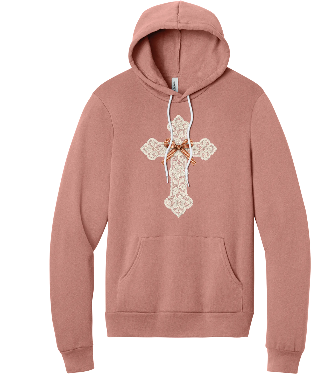 Vintage Lace Cross hoodie in Mauve, featuring a cream floral lace cross tied with an orange gingham bow
