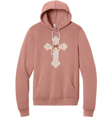 Vintage Lace Cross hoodie in Mauve, featuring a cream floral lace cross tied with an orange gingham bow