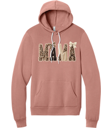 Mama Leopard Applique hoodie in Mauve, featuring MAMA spelled out in leopard, cream, and chocolate patches with a scalloped stitched applique look and two bows