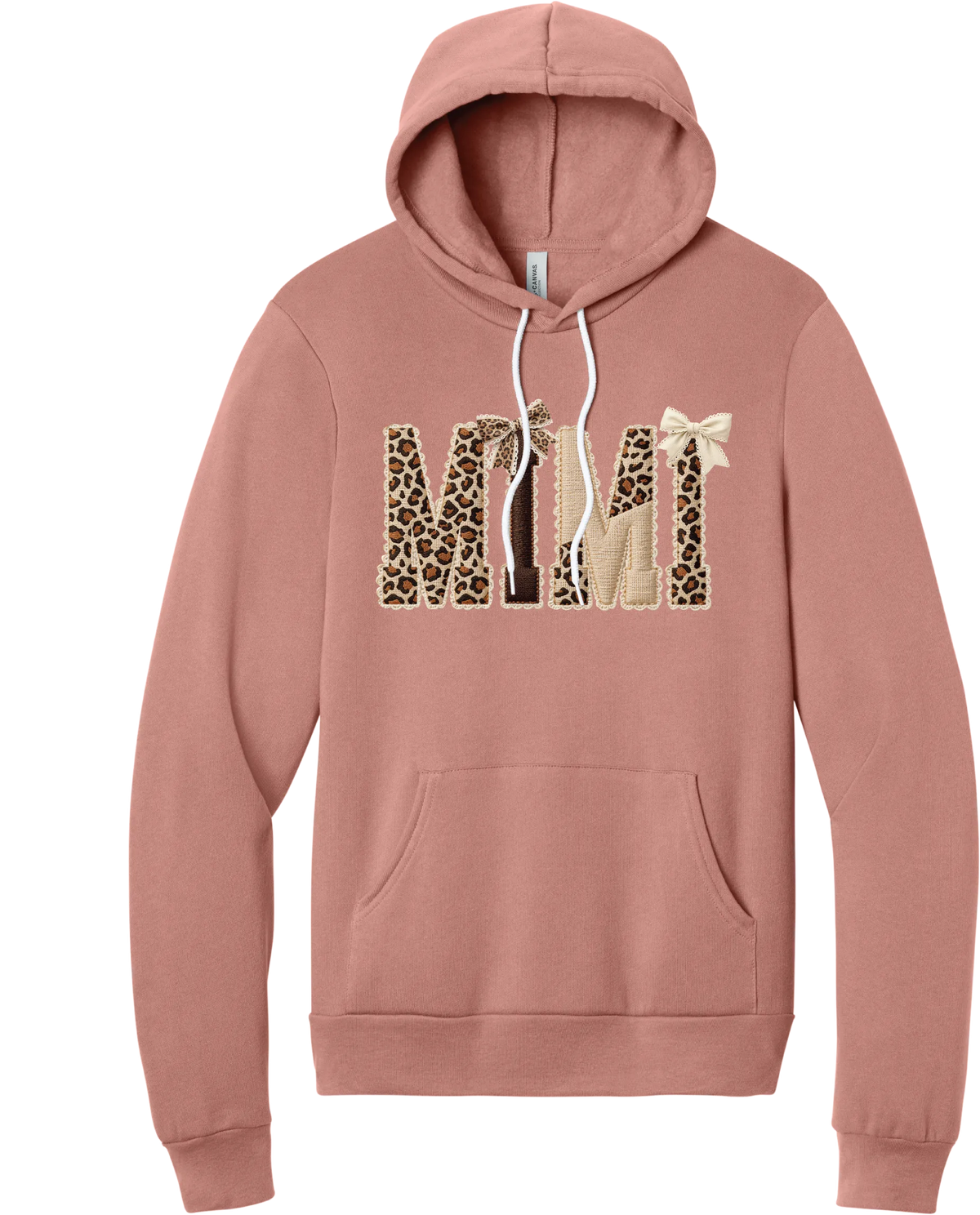 Grandma Leopard Applique hoodie in Mauve, featuring MIMI spelled out in leopard, cream, and chocolate patches with a scalloped stitched applique look and two bows