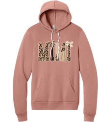 Grandma Leopard Applique hoodie in Mauve, featuring MIMI spelled out in leopard, cream, and chocolate patches with a scalloped stitched applique look and two bows