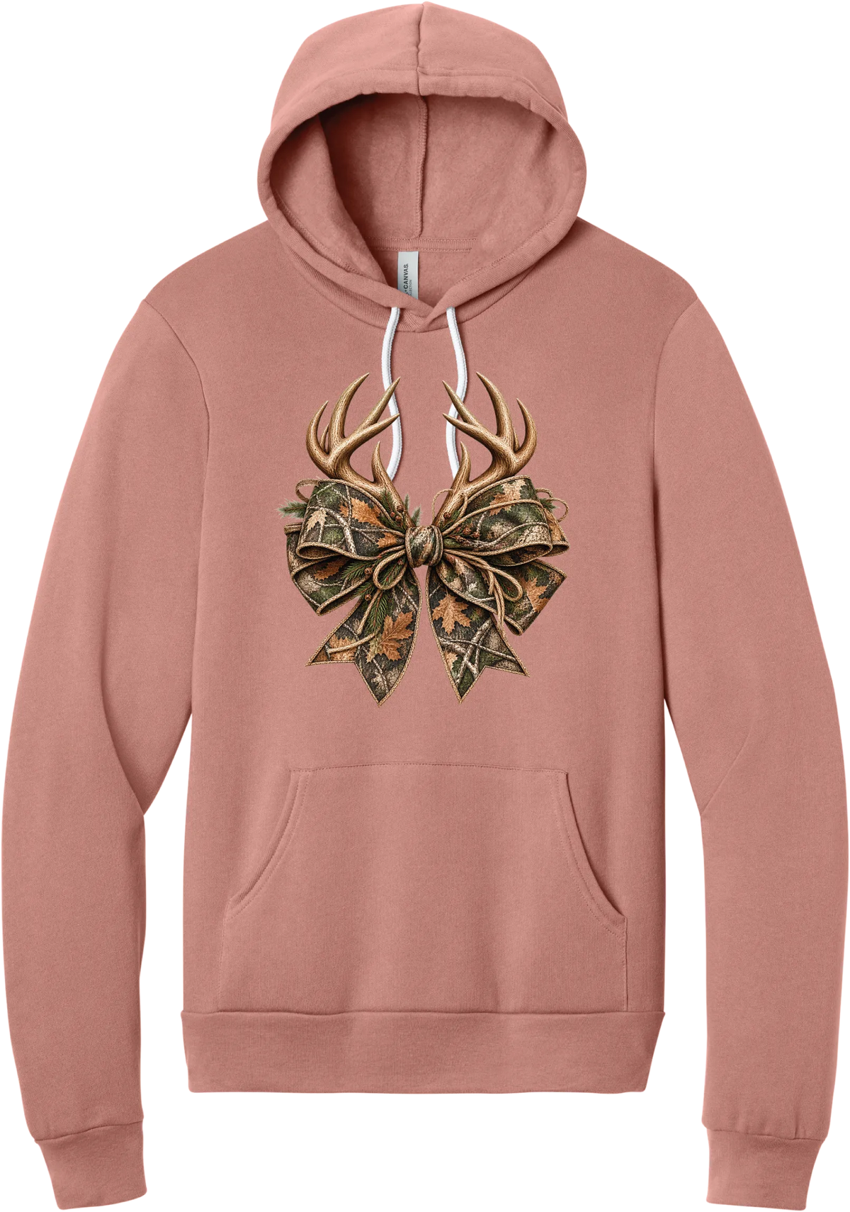 Coquette Antlers hoodie in Mauve, featuring deer antlers tied with an oversized camo bow, twine, and autumn leaves