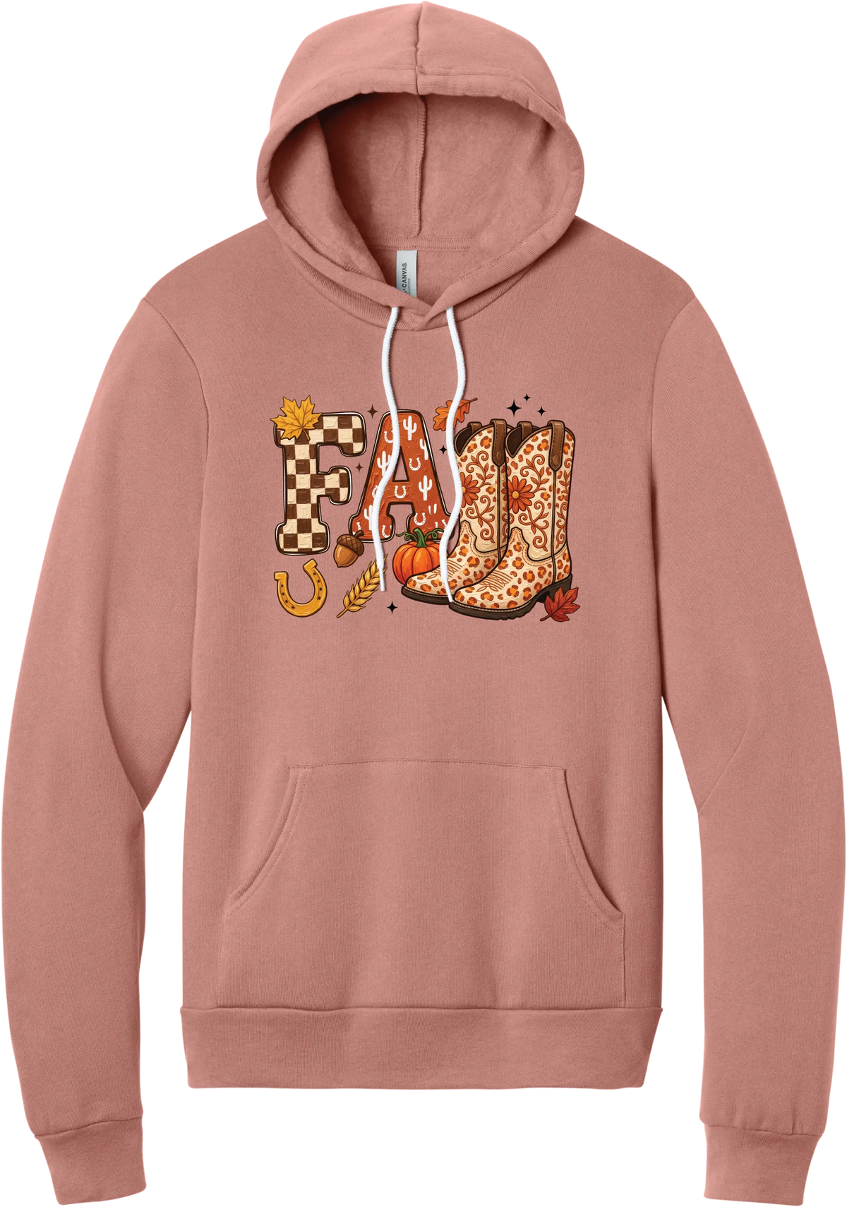 Boot Weather hoodie in Mauve, featuring patchwork FALL letters with cowgirl boots, a pumpkin, and a horseshoe