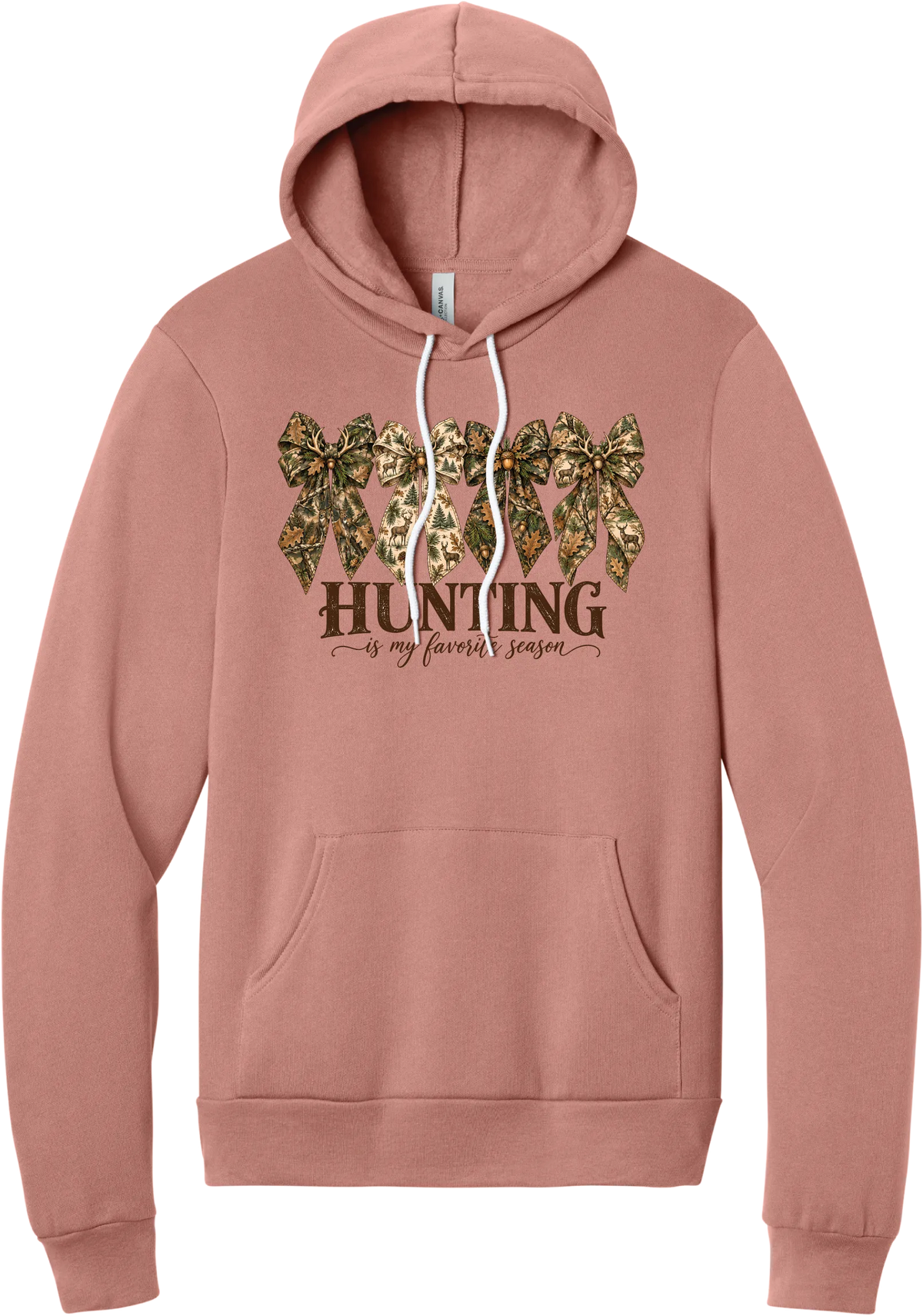 Hunting Is My Favorite Season hoodie in Mauve, featuring four camo coquette bows with antlers, acorns, and deer above Hunting Is My Favorite Season lettering