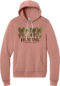 Hunting Is My Favorite Season hoodie in Mauve, featuring four camo coquette bows with antlers, acorns, and deer above Hunting Is My Favorite Season lettering