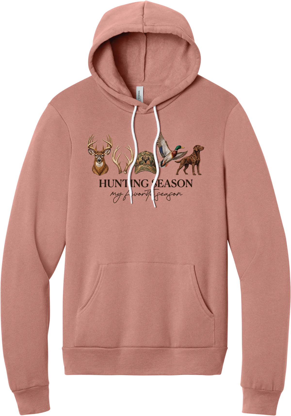 Hunting Season hoodie in Mauve, featuring a whitetail buck, antlers, a camo cap, a flying mallard, and a chocolate lab above Hunting Season My Favorite Season lettering