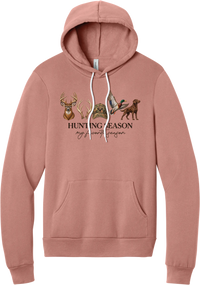 Hunting Season hoodie in Mauve, featuring a whitetail buck, antlers, a camo cap, a flying mallard, and a chocolate lab above Hunting Season My Favorite Season lettering