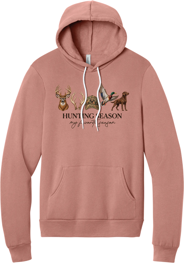 Hunting Season hoodie in Mauve, featuring a whitetail buck, antlers, a camo cap, a flying mallard, and a chocolate lab above Hunting Season My Favorite Season lettering