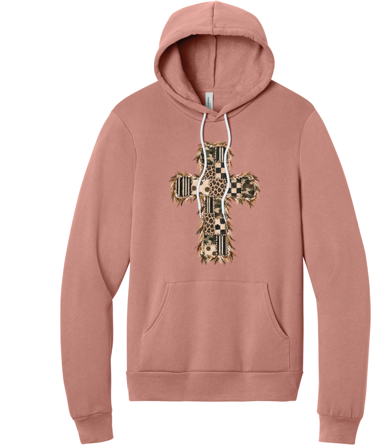 Quilted Patchwork Cross hoodie in Mauve, featuring a patchwork cross in camo, leopard, checkerboard, polka dot, and stripes with a fringed edge
