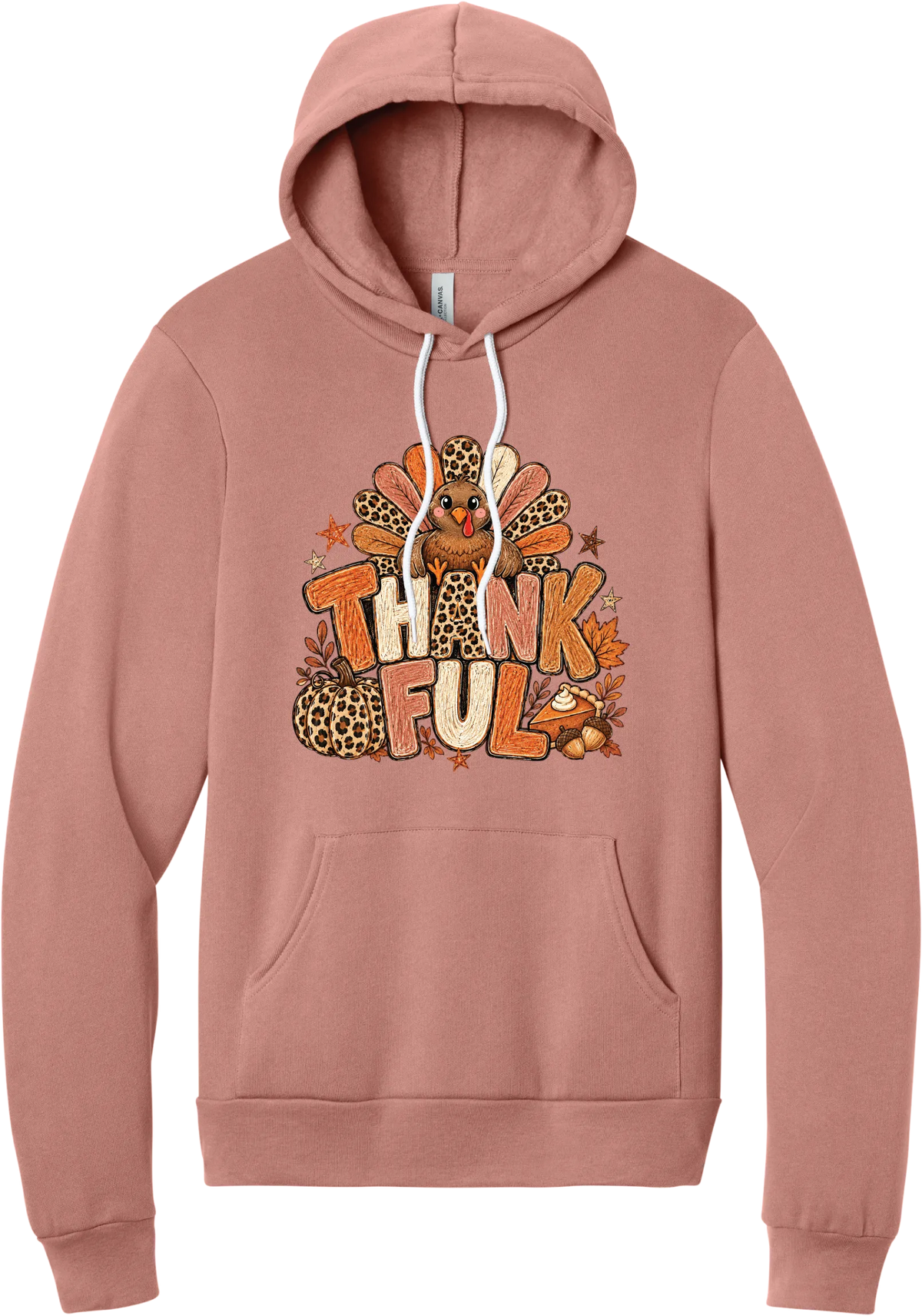 Thankful Leopard Turkey hoodie in Mauve, featuring a leopard and plaid feathered turkey over the word Thankful, with a leopard pumpkin, pie, and autumn leaves