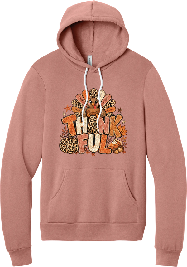 Thankful Leopard Turkey hoodie in Mauve, featuring a leopard and plaid feathered turkey over the word Thankful, with a leopard pumpkin, pie, and autumn leaves
