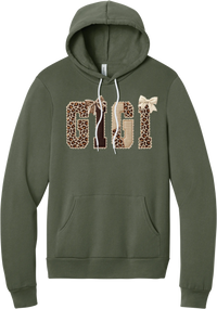Grandma Leopard Applique hoodie in Military Green, featuring GIGI spelled out in leopard, cream, and chocolate patches with a scalloped stitched applique look and two bows