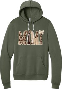 Grandma Leopard Applique hoodie in Military Green, featuring MIMI spelled out in leopard, cream, and chocolate patches with a scalloped stitched applique look and two bows