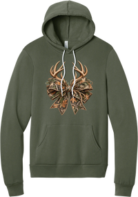 Coquette Antlers hoodie in Military Green, featuring deer antlers tied with an oversized camo bow, twine, and autumn leaves