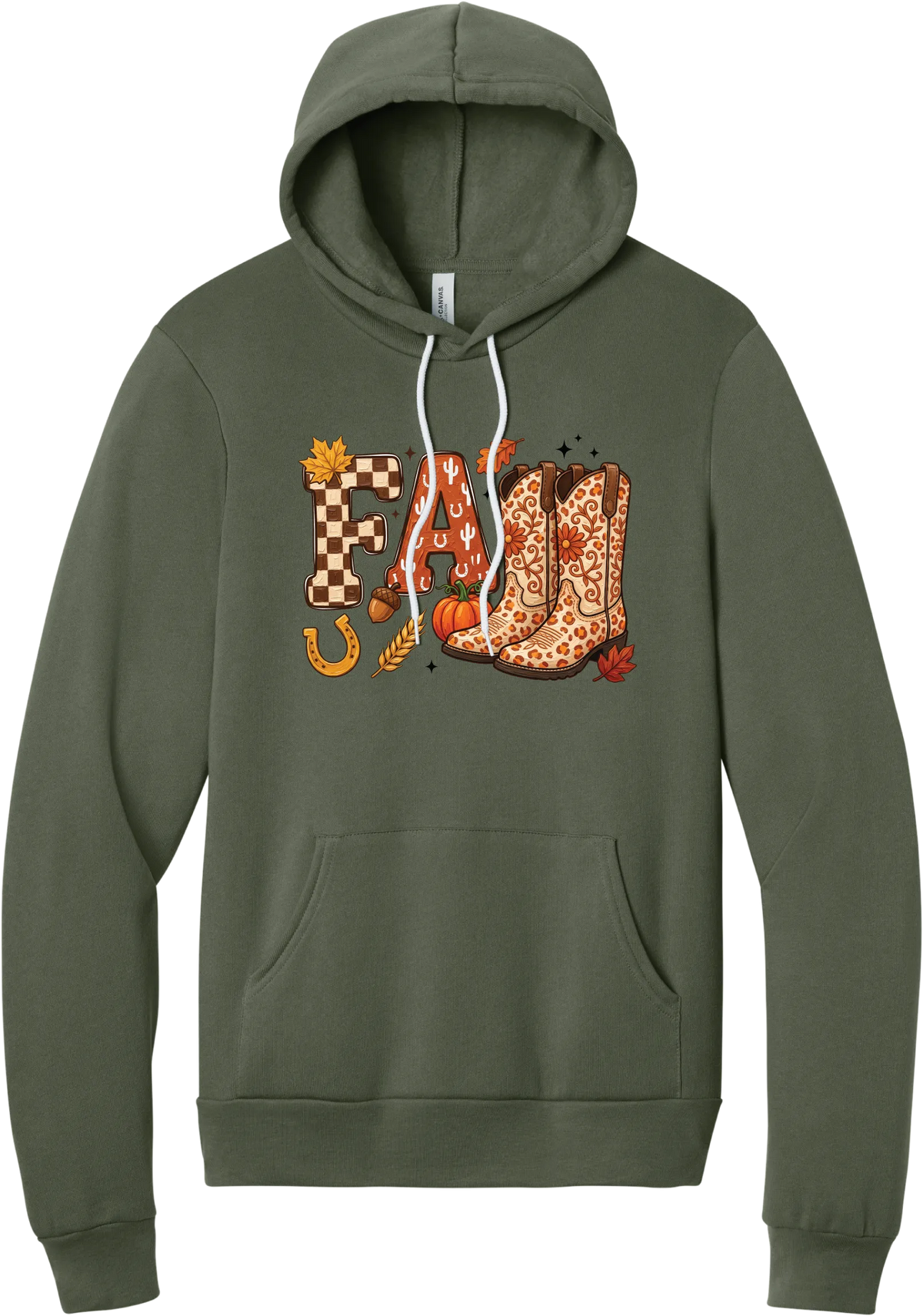 Boot Weather hoodie in Military Green, featuring patchwork FALL letters with cowgirl boots, a pumpkin, and a horseshoe