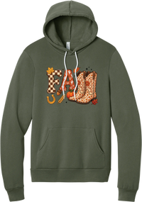 Boot Weather hoodie in Military Green, featuring patchwork FALL letters with cowgirl boots, a pumpkin, and a horseshoe