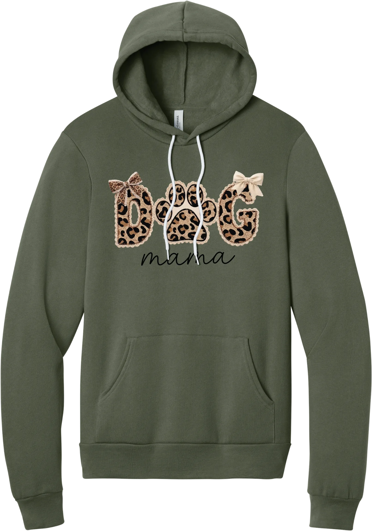 Autumn Dog Mama hoodie in Military Green, featuring leopard print DOG letters with a paw print, cream bows, and mama script