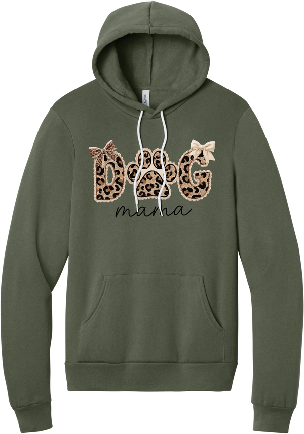 Autumn Dog Mama hoodie in Military Green, featuring leopard print DOG letters with a paw print, cream bows, and mama script