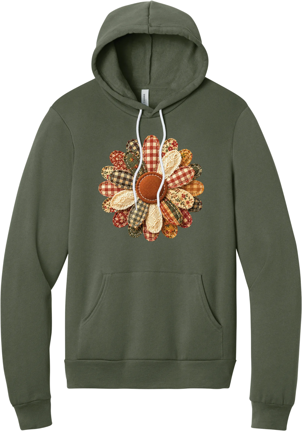 Patchwork Fabric Flower hoodie in Military Green, featuring an oversized fabric flower with plaid, gingham, calico, and cable knit petals around a stitched rust center