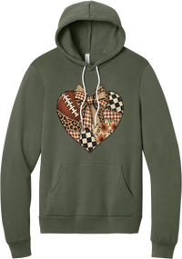 For the Love of Football hoodie in Military Green, featuring a patchwork heart in leopard, plaid, and checkerboard with a football and a cream bow
