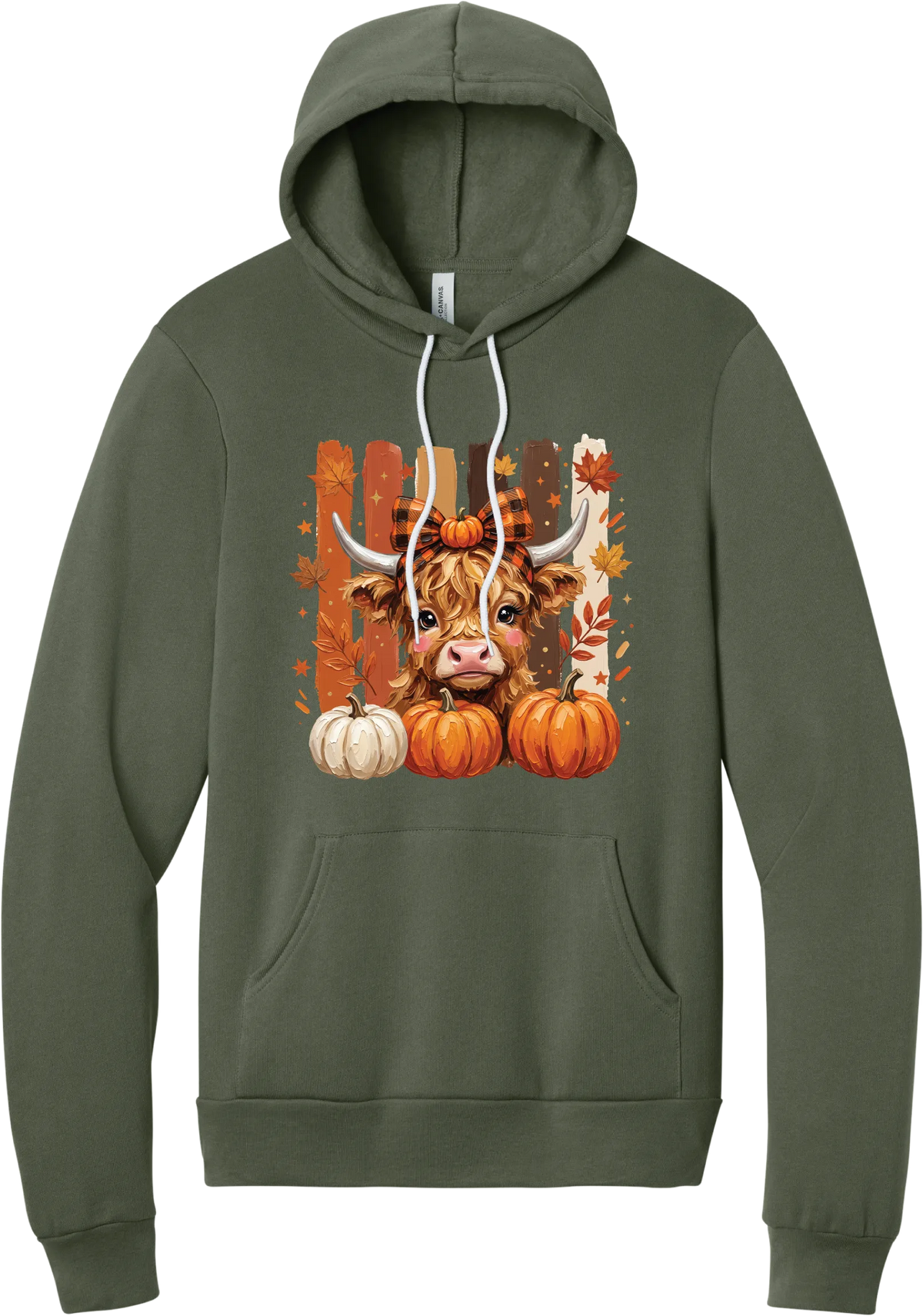Highland Cozy hoodie in Military Green, featuring a fluffy highland cow calf in a buffalo check bow with pumpkins and painted autumn stripes