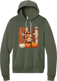 Highland Cozy hoodie in Military Green, featuring a fluffy highland cow calf in a buffalo check bow with pumpkins and painted autumn stripes