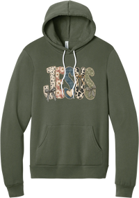 Jesus Patchwork hoodie in Military Green, featuring JESUS in patchwork letters of floral, leopard, denim, and cow print with gingham bows and a heart