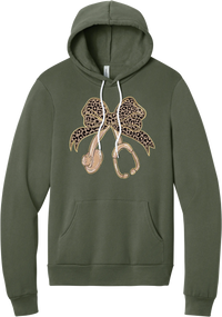 Leopard Bow Stethoscope hoodie in Military Green, featuring a glittery leopard print coquette bow tied to a rose gold stethoscope