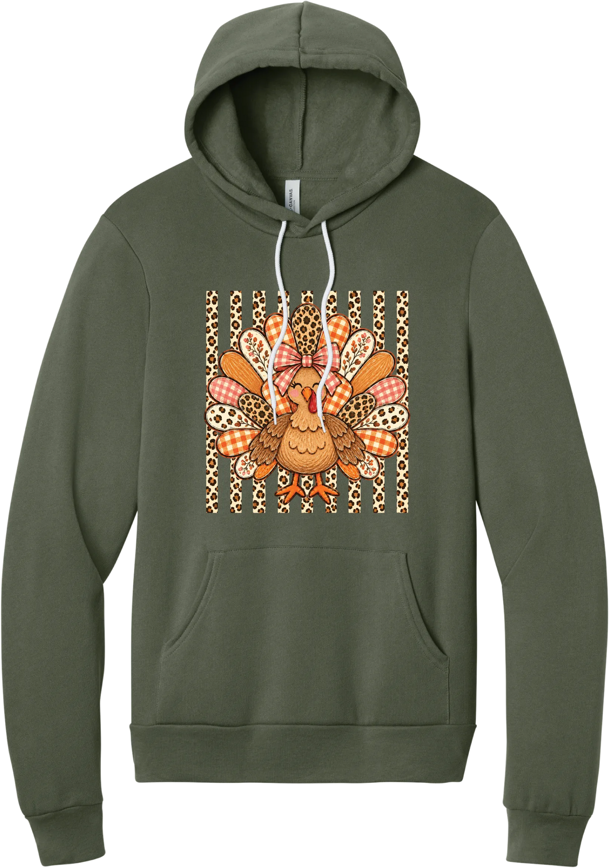 Preppy Turkey hoodie in Military Green, featuring a smiling turkey with gingham and leopard feathers and a pink bow on a leopard stripe background