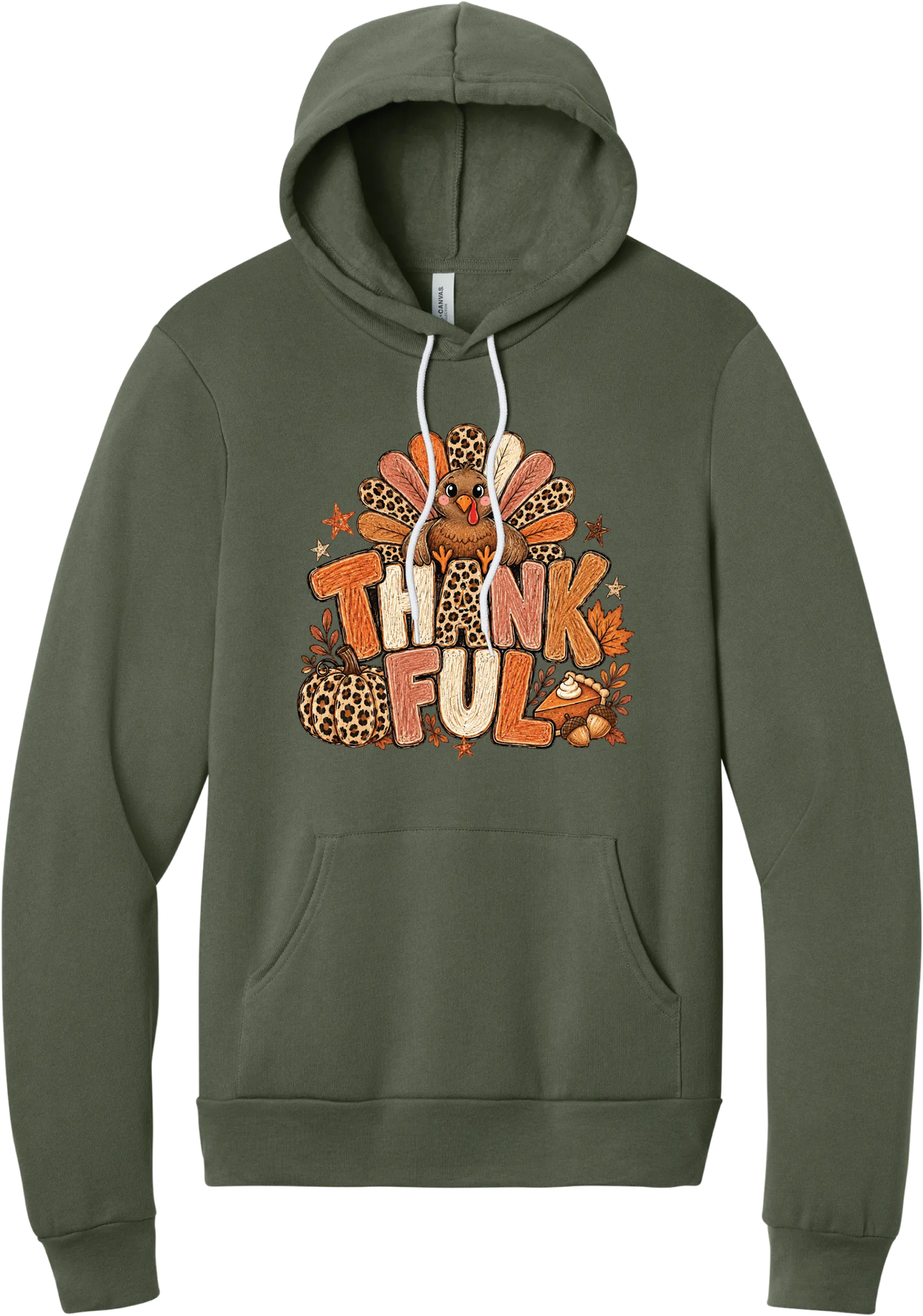 Thankful Leopard Turkey hoodie in Military Green, featuring a leopard and plaid feathered turkey over the word Thankful, with a leopard pumpkin, pie, and autumn leaves
