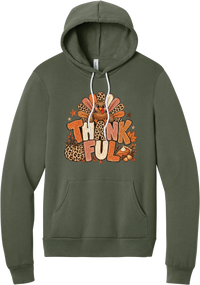 Thankful Leopard Turkey hoodie in Military Green, featuring a leopard and plaid feathered turkey over the word Thankful, with a leopard pumpkin, pie, and autumn leaves