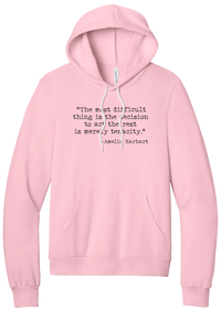 Amelia Earhart Tenacity Quote hoodie in Pink, featuring The most difficult thing is the decision to act the rest is merely tenacity in distressed black typewriter letters