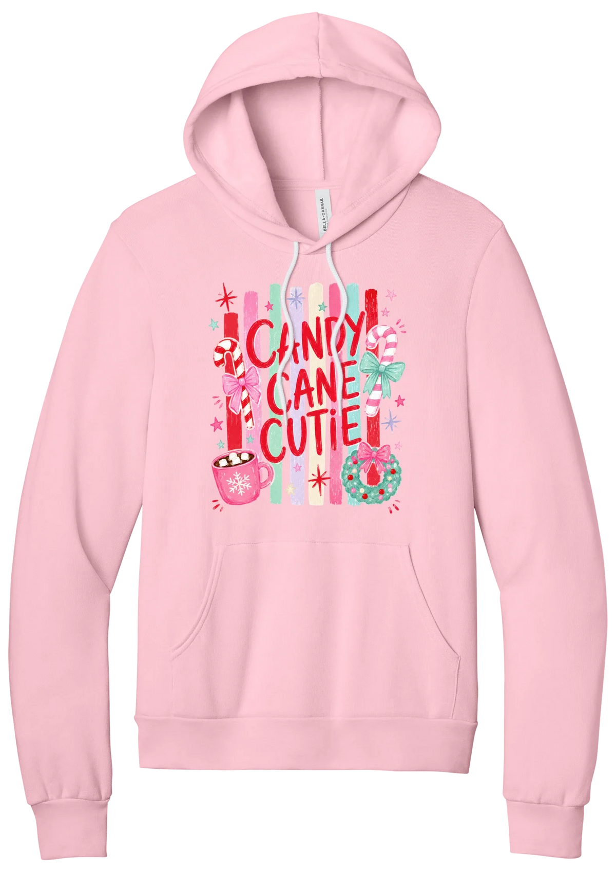 Candy Cane Cutie hoodie in Pink, featuring red CANDY CANE CUTIE letters on pastel stripes with candy canes, cocoa, and bows