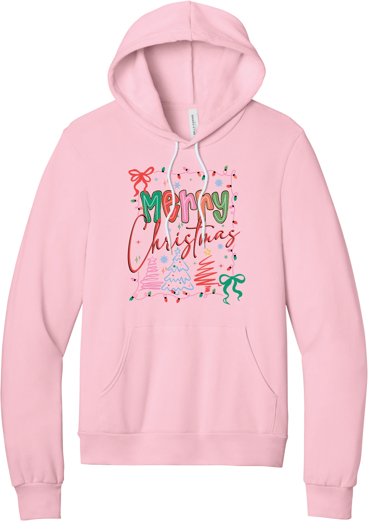 Coquette Merry Christmas Outline hoodie in Pink, featuring Merry Christmas bubble letters and script framed by string lights, coquette bows, and sketched Christmas trees