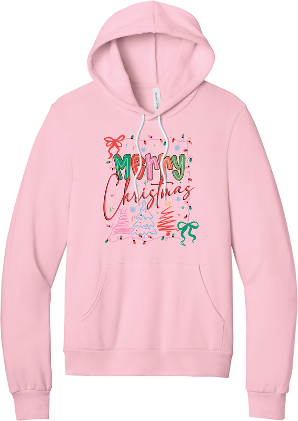 Coquette Merry Christmas Outline hoodie in Pink, featuring Merry Christmas bubble letters and script framed by string lights, coquette bows, and sketched Christmas trees