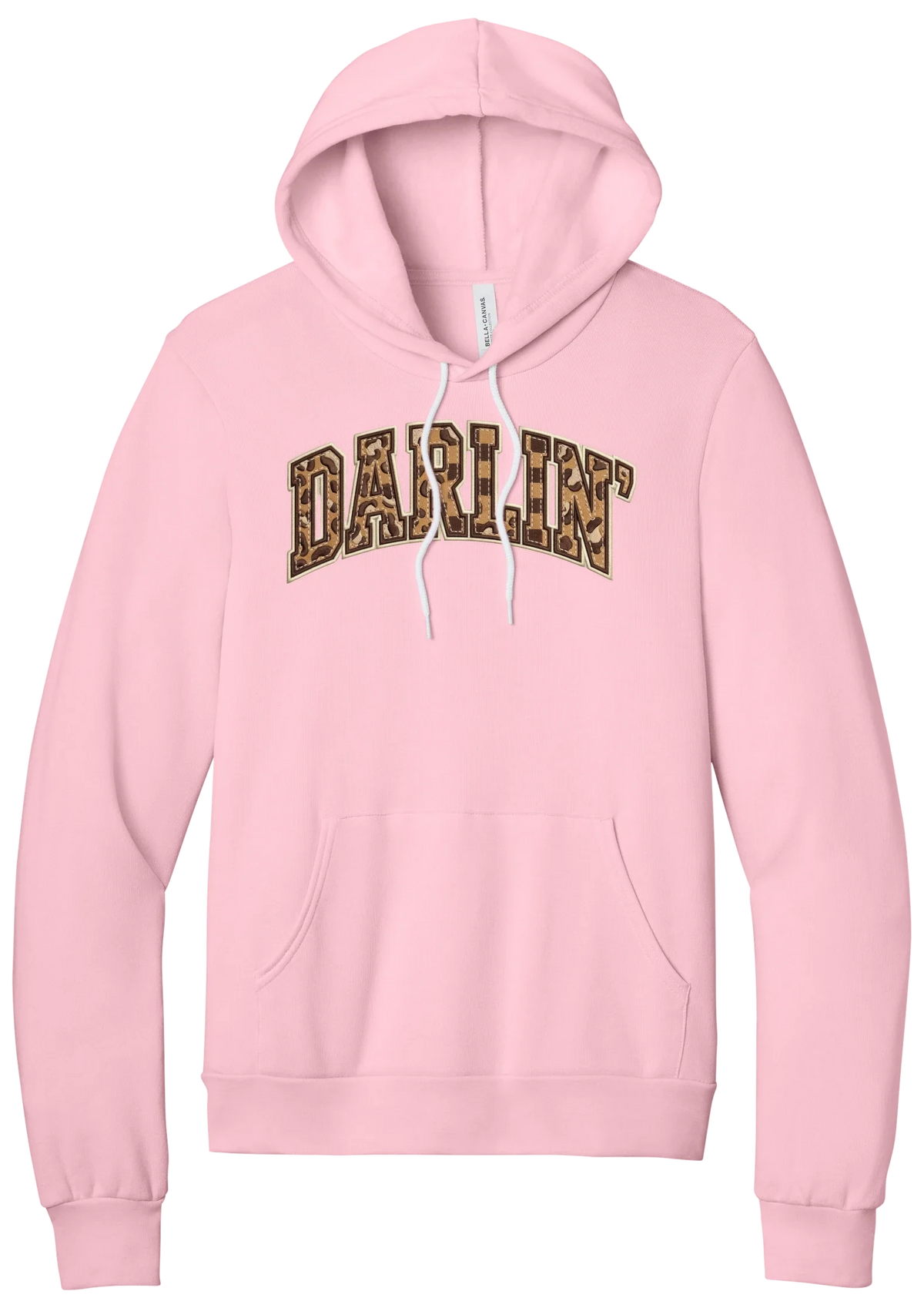 Darlin' hoodie, Checker Outline design, in Pink, featuring arched varsity DARLIN' letters filled with leopard and checker print