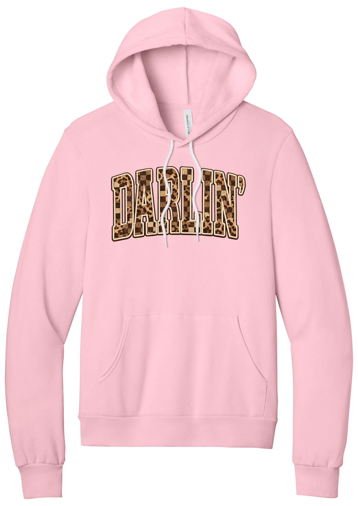 Darlin' hoodie, Leopard Checker design, in Pink, featuring arched varsity DARLIN' letters filled with leopard and checker print