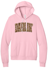 Darlin' hoodie, Leopard Checker design, in Pink, featuring arched varsity DARLIN' letters filled with leopard and checker print