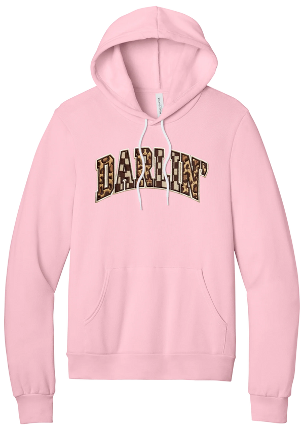 Darlin' hoodie, Patchwork design, in Pink, featuring arched varsity DARLIN' letters filled with leopard and checker print