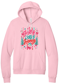 Holly Jolly Honey hoodie in Pink, featuring red and teal Holly Jolly Honey script with candy cane stripes, bottle brush trees, and a snowman