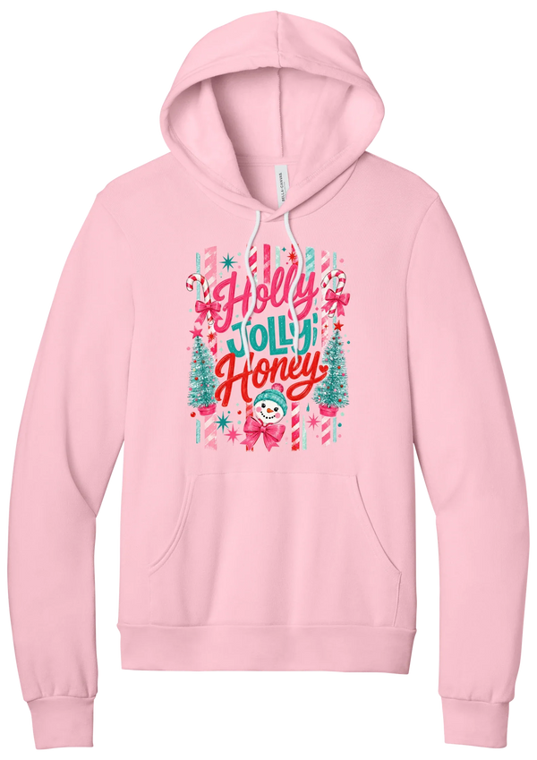Holly Jolly Honey hoodie in Pink, featuring red and teal Holly Jolly Honey script with candy cane stripes, bottle brush trees, and a snowman
