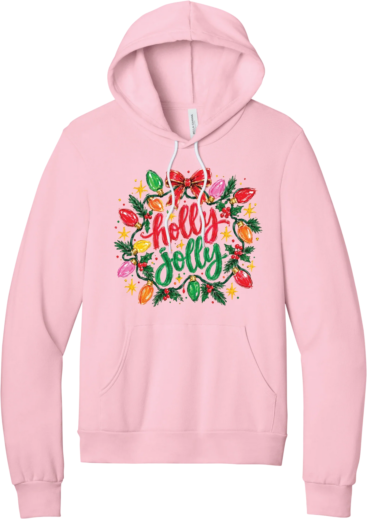 Holly Jolly Christmas Lights hoodie in Pink, featuring hand-lettered holly jolly script framed by vintage Christmas bulb lights, pine, holly berries, and a red bow