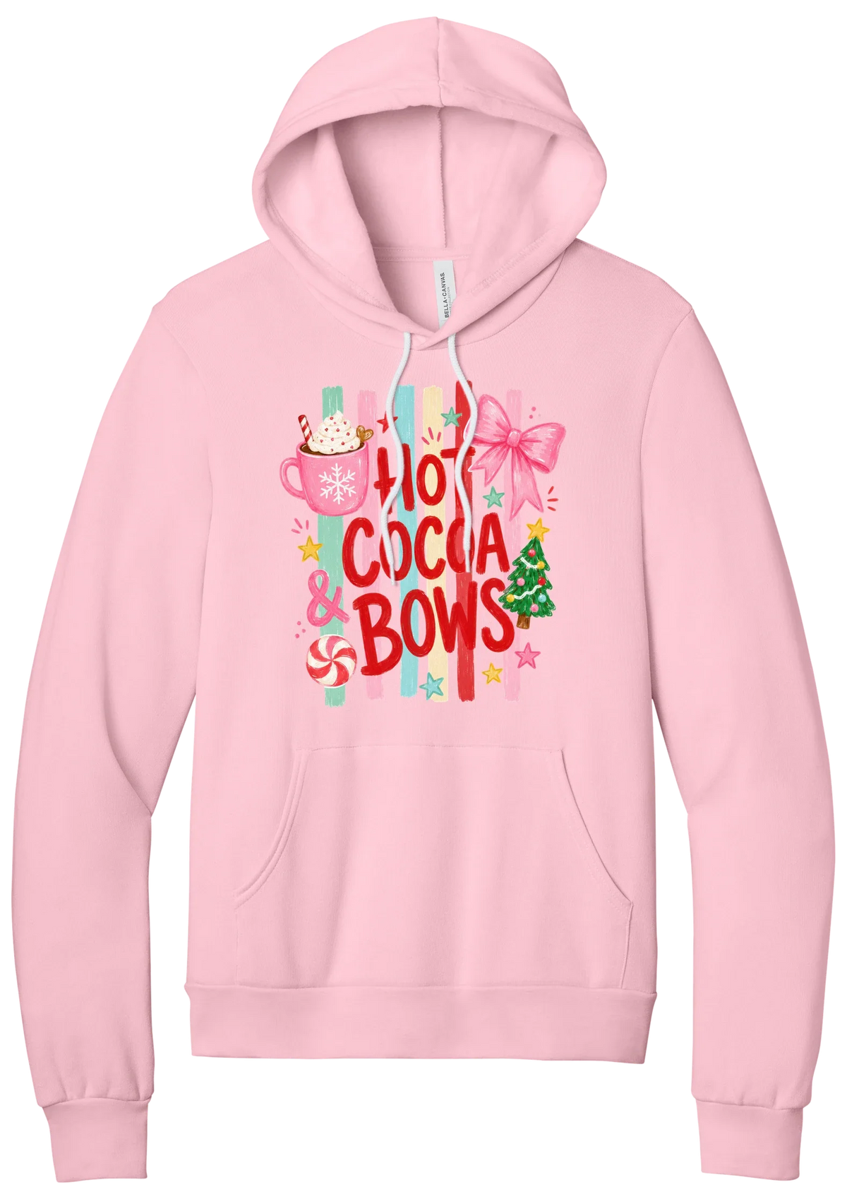 Hot Cocoa and Bows hoodie in Pink, featuring red HOT COCOA and BOWS letters on pastel stripes with a cocoa mug and a pink bow